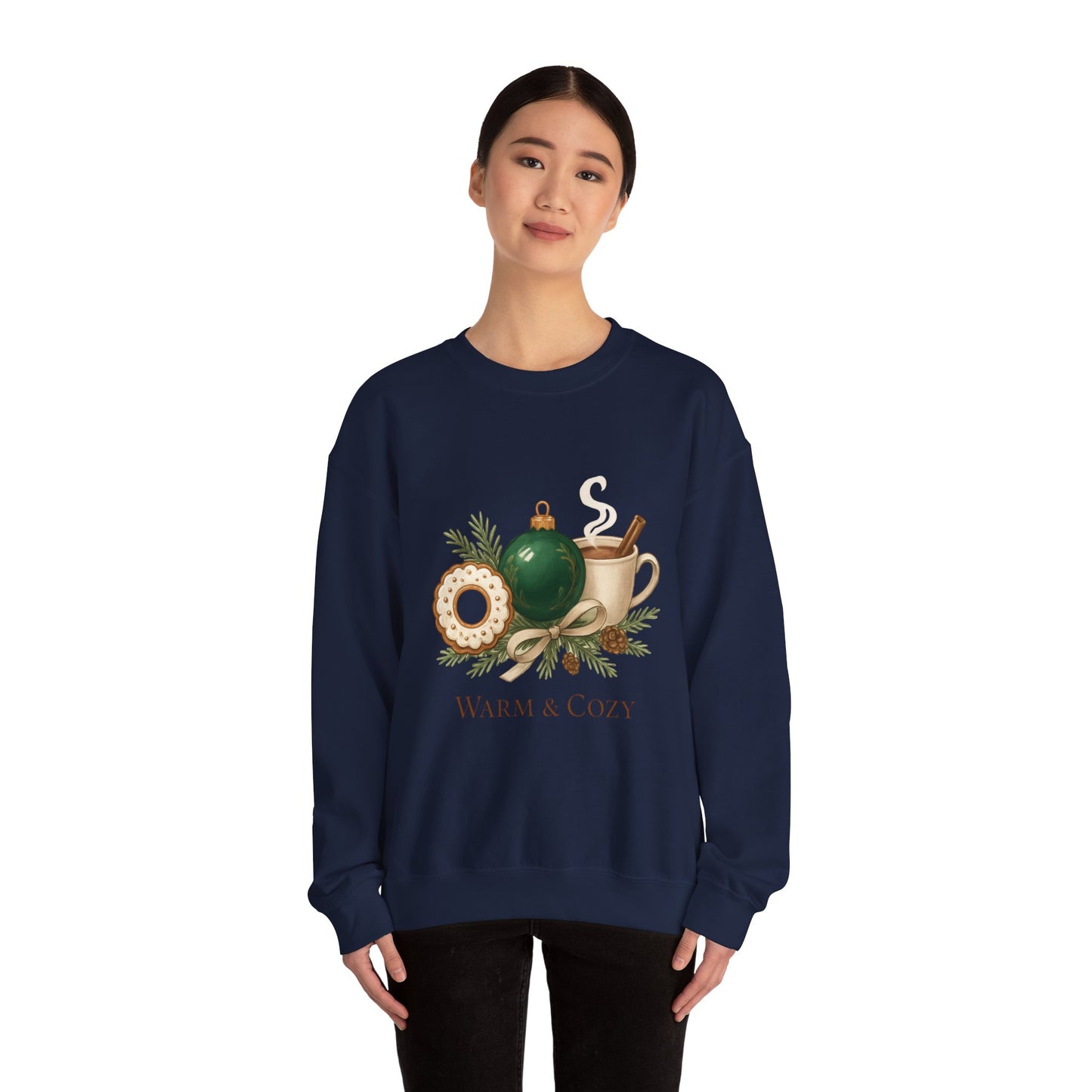 Cozy Holiday Crewneck Sweatshirt — "Warm & Cozy" Christmas Ornament & Cocoa Design