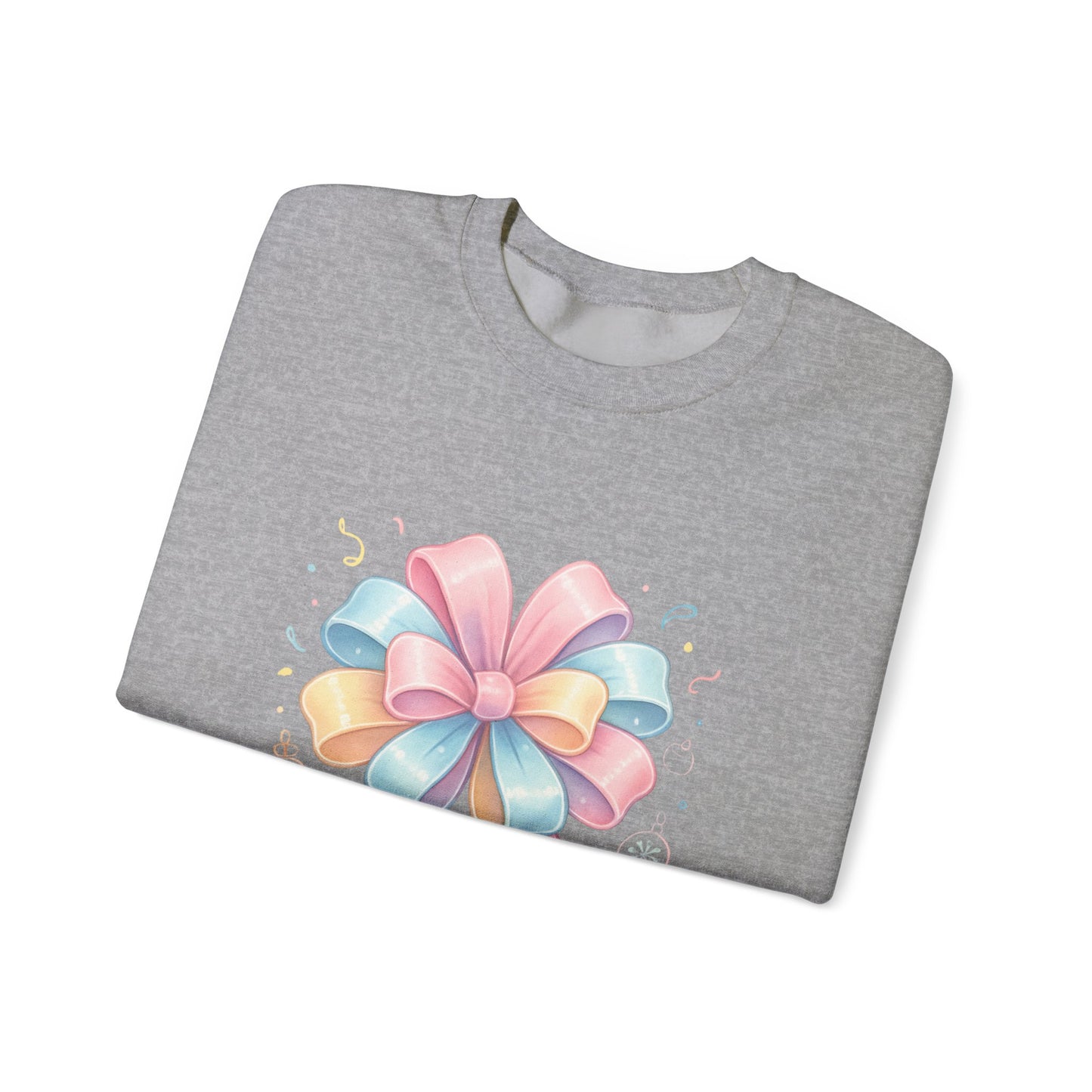Crewneck Sweatshirt — "Wrap Me in Joy" Pastel Gift Bow Holiday Pullover