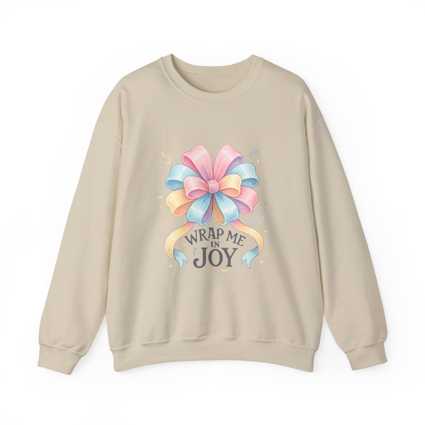 Crewneck Sweatshirt — "Wrap Me in Joy" Pastel Gift Bow Holiday Pullover