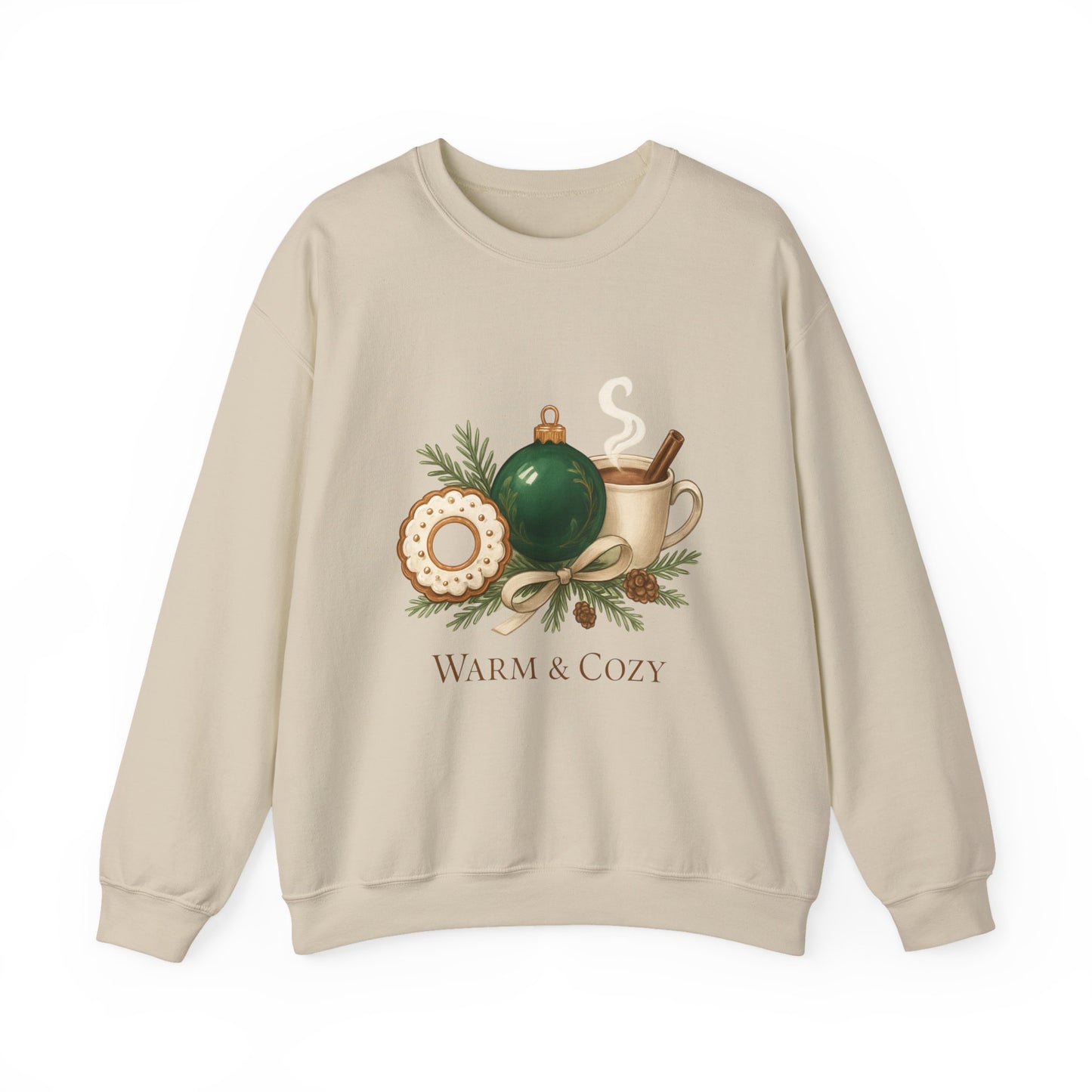 Cozy Holiday Crewneck Sweatshirt — "Warm & Cozy" Christmas Ornament & Cocoa Design