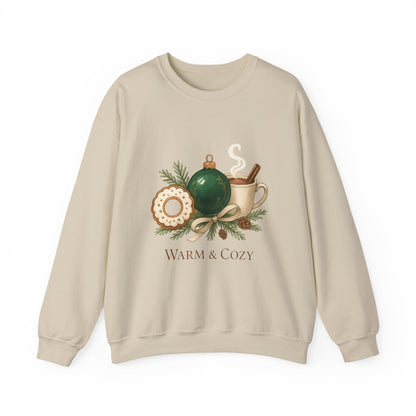 Cozy Holiday Crewneck Sweatshirt — "Warm & Cozy" Christmas Ornament & Cocoa Design