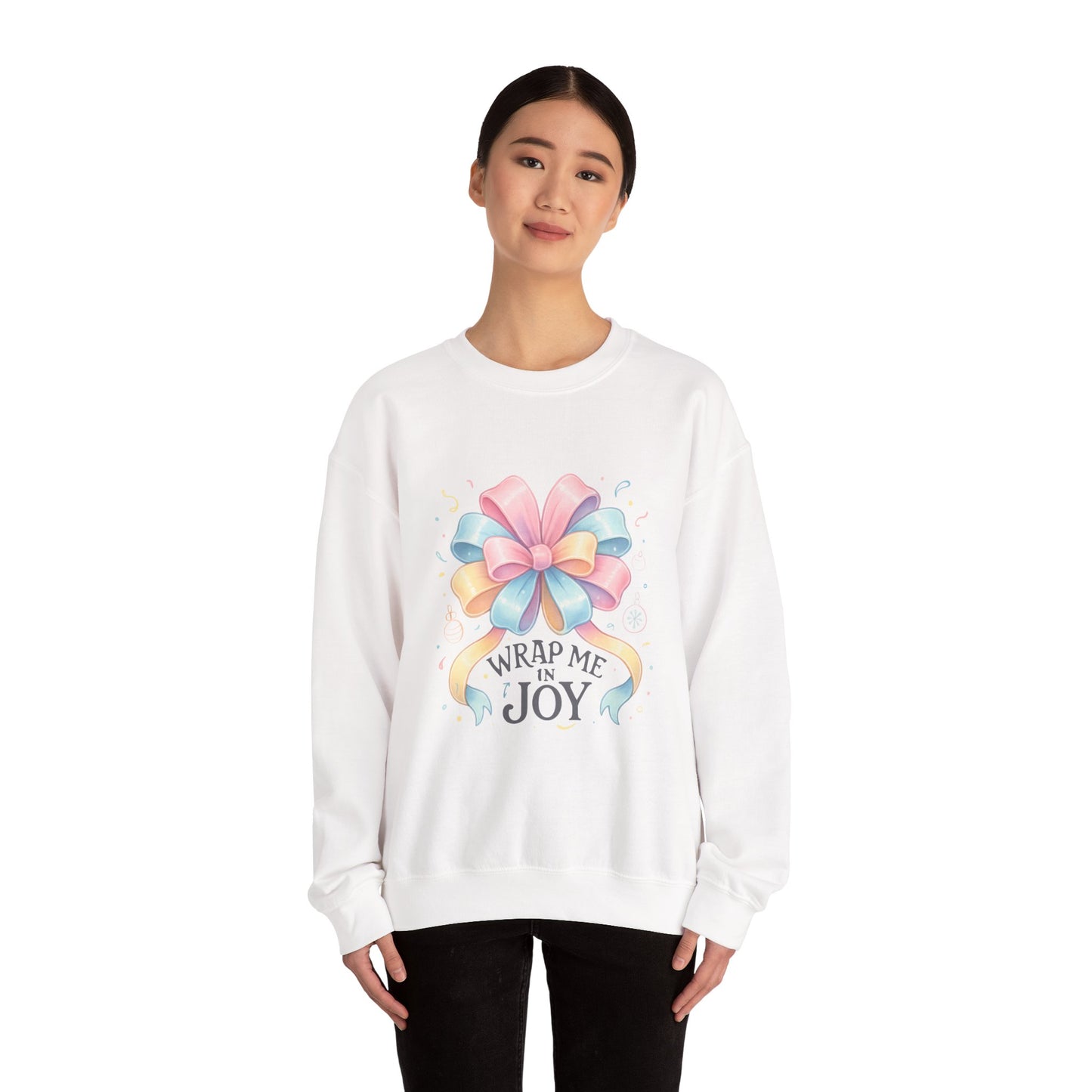 Crewneck Sweatshirt — "Wrap Me in Joy" Pastel Gift Bow Holiday Pullover