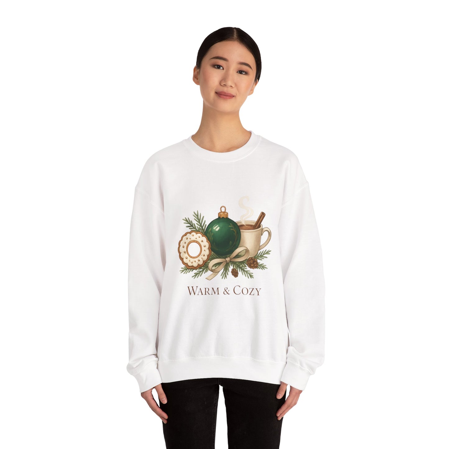 Cozy Holiday Crewneck Sweatshirt — "Warm & Cozy" Christmas Ornament & Cocoa Design