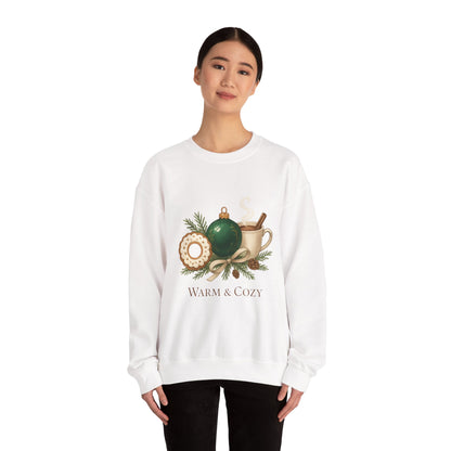 Cozy Holiday Crewneck Sweatshirt — "Warm & Cozy" Christmas Ornament & Cocoa Design
