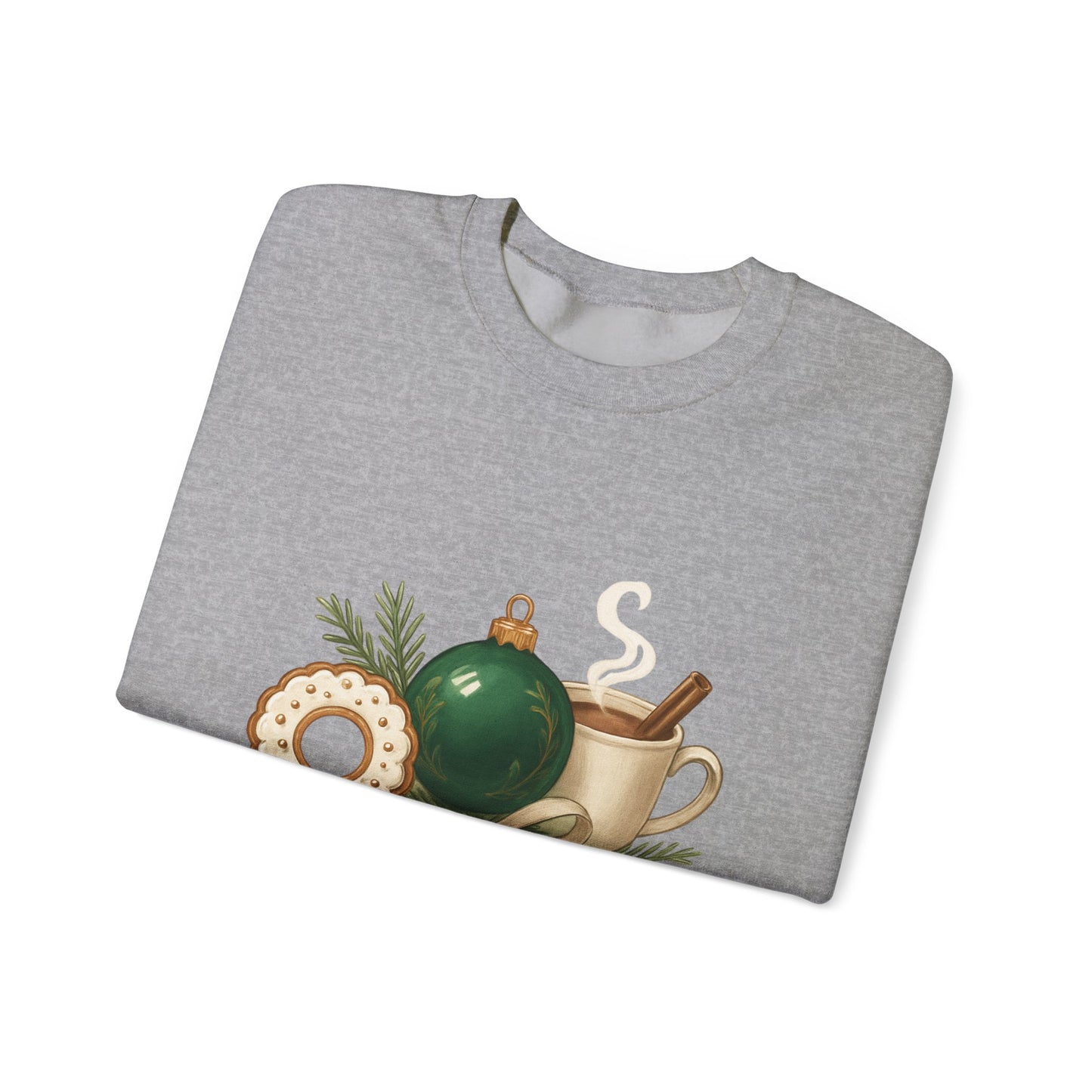 Cozy Holiday Crewneck Sweatshirt — "Warm & Cozy" Christmas Ornament & Cocoa Design