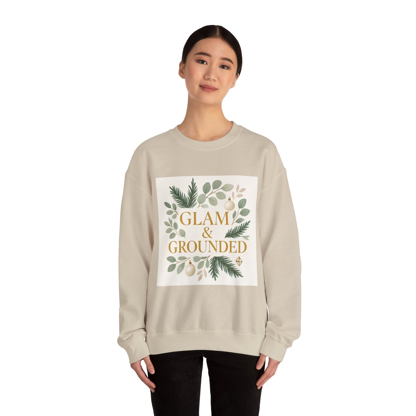 Glam & Grounded Crewneck Sweatshirt — Botanical Gold Lettering Cozy Pullover