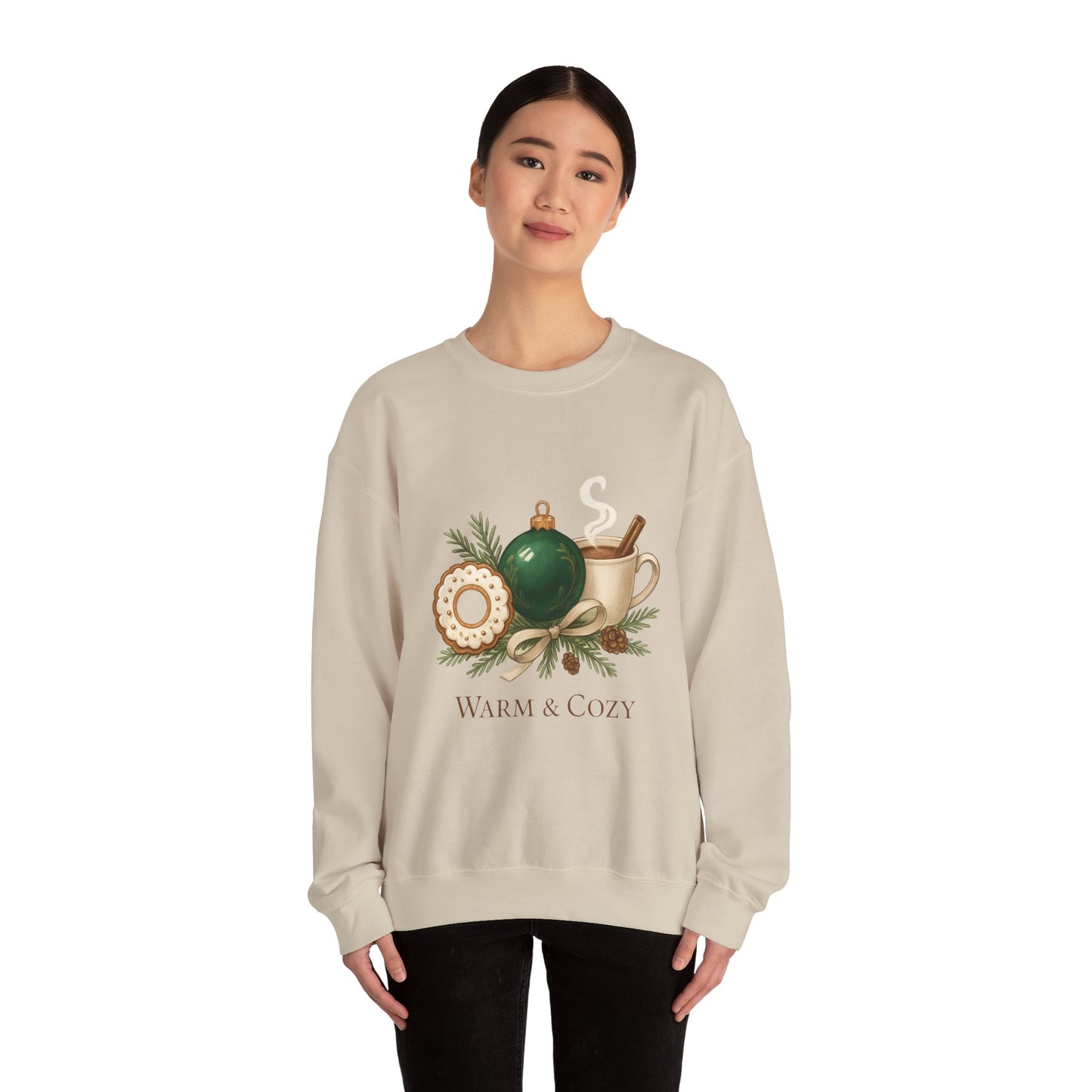 Cozy Holiday Crewneck Sweatshirt — "Warm & Cozy" Christmas Ornament & Cocoa Design