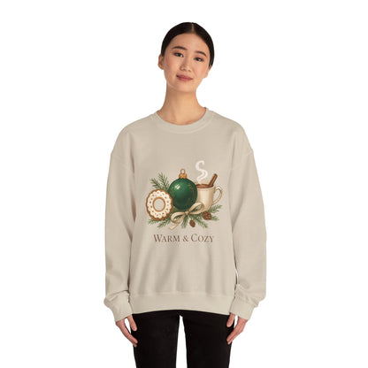 Cozy Holiday Crewneck Sweatshirt — "Warm & Cozy" Christmas Ornament & Cocoa Design