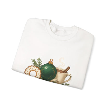 Cozy Holiday Crewneck Sweatshirt — "Warm & Cozy" Christmas Ornament & Cocoa Design