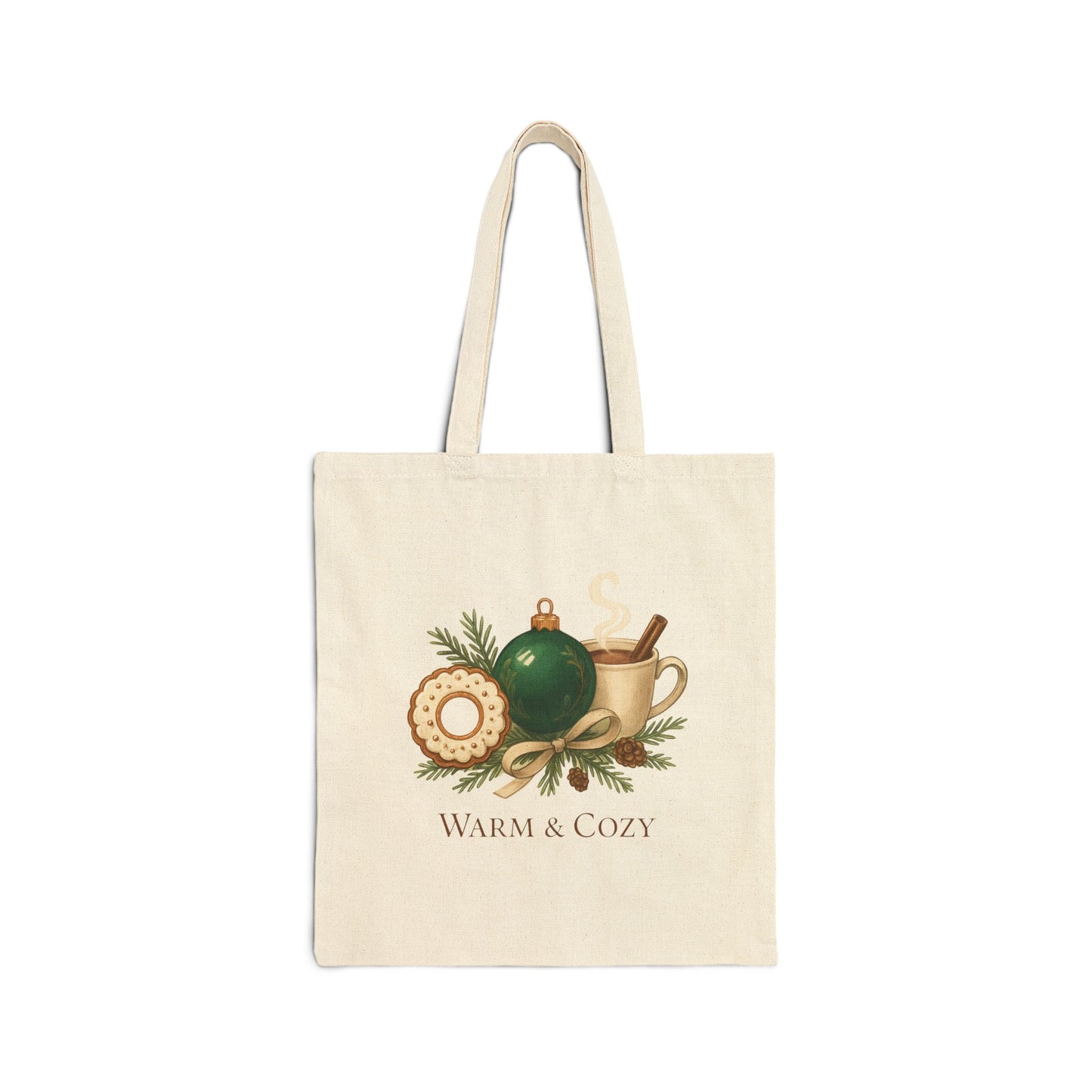 Tote Bag — "Warm & Cozy" Holiday Ornament & Cocoa Canvas Tote