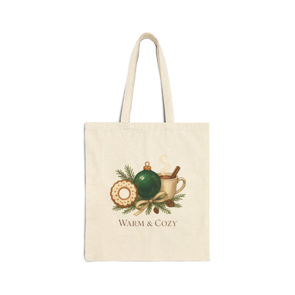 Tote Bag — "Warm & Cozy" Holiday Ornament & Cocoa Canvas Tote