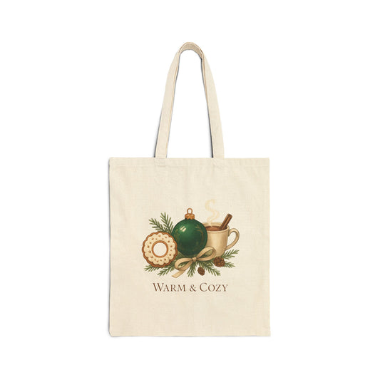 Tote Bag — "Warm & Cozy" Holiday Ornament & Cocoa Canvas Tote