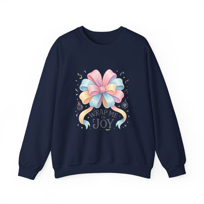 Crewneck Sweatshirt — "Wrap Me in Joy" Pastel Gift Bow Holiday Pullover