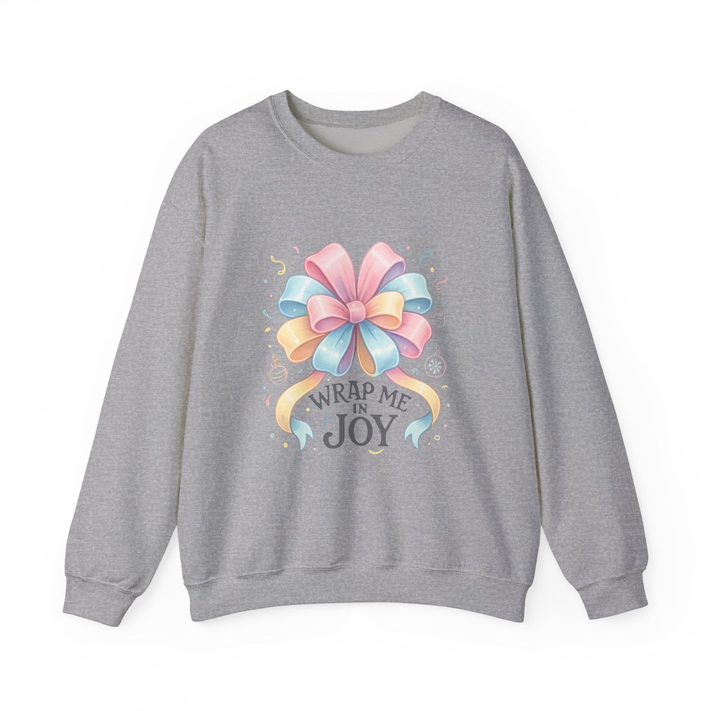 Crewneck Sweatshirt — "Wrap Me in Joy" Pastel Gift Bow Holiday Pullover