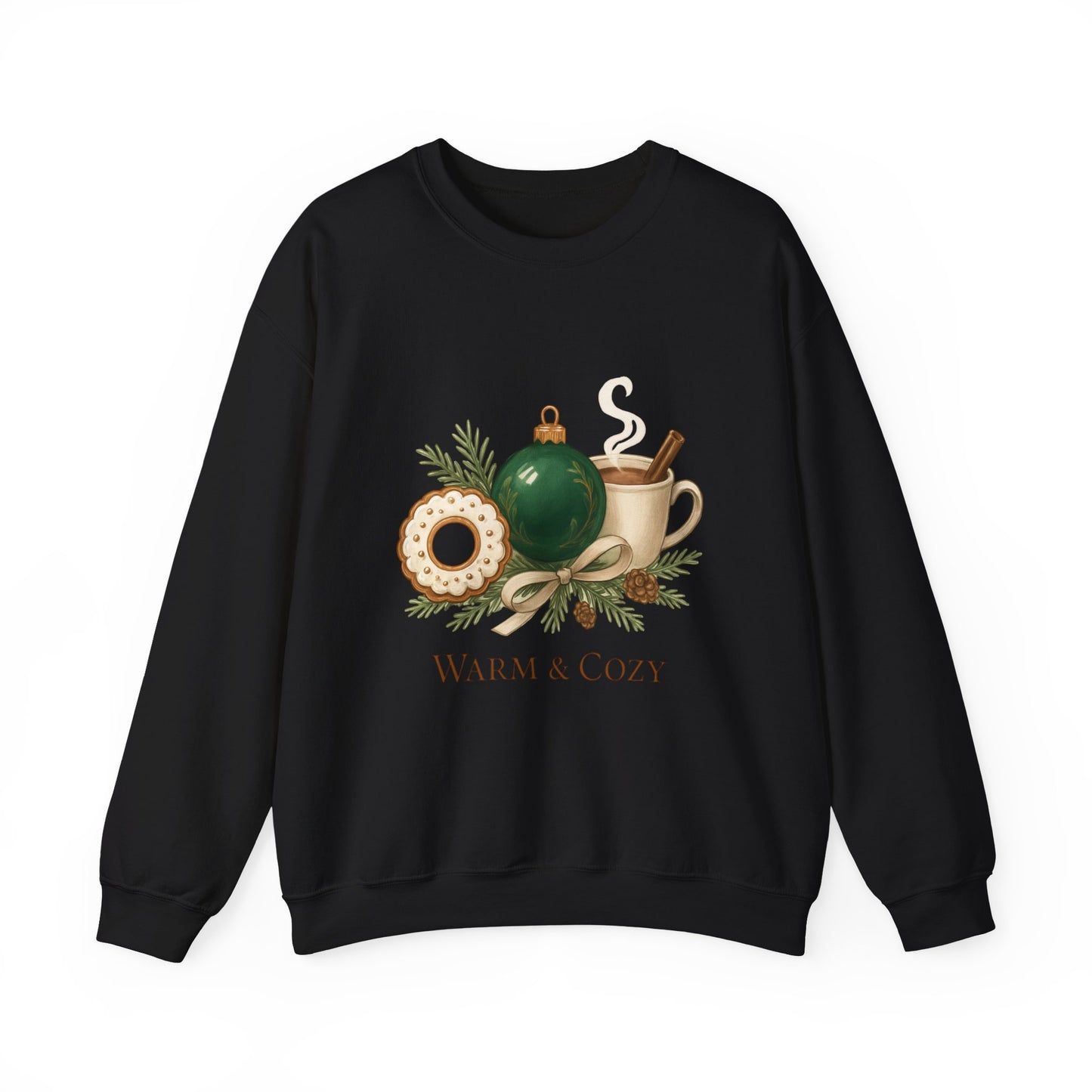 Cozy Holiday Crewneck Sweatshirt — "Warm & Cozy" Christmas Ornament & Cocoa Design