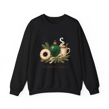 Cozy Holiday Crewneck Sweatshirt — "Warm & Cozy" Christmas Ornament & Cocoa Design