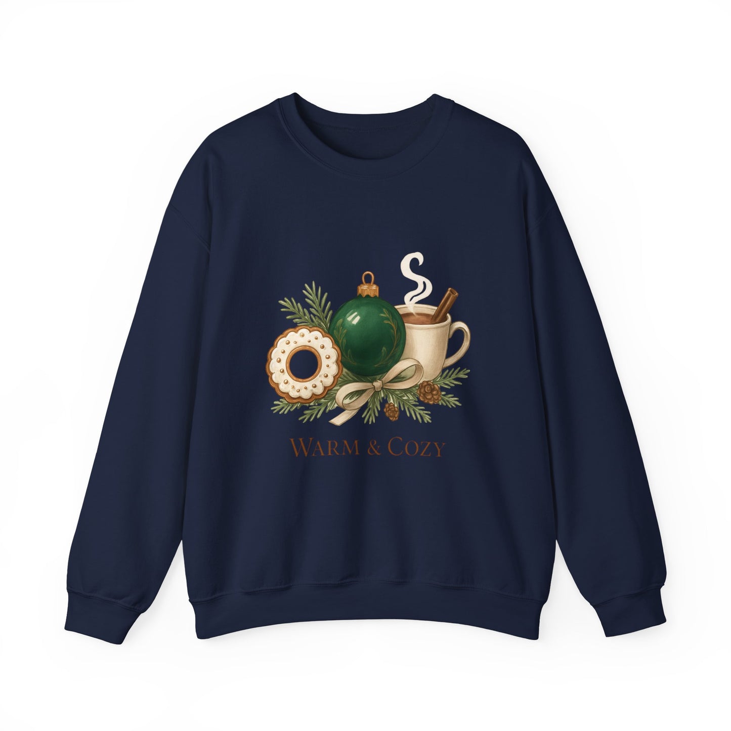 Cozy Holiday Crewneck Sweatshirt — "Warm & Cozy" Christmas Ornament & Cocoa Design