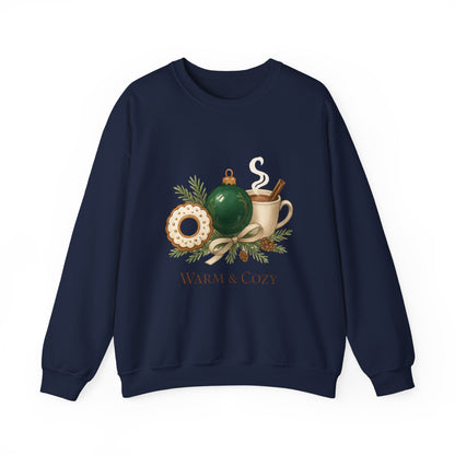 Cozy Holiday Crewneck Sweatshirt — "Warm & Cozy" Christmas Ornament & Cocoa Design