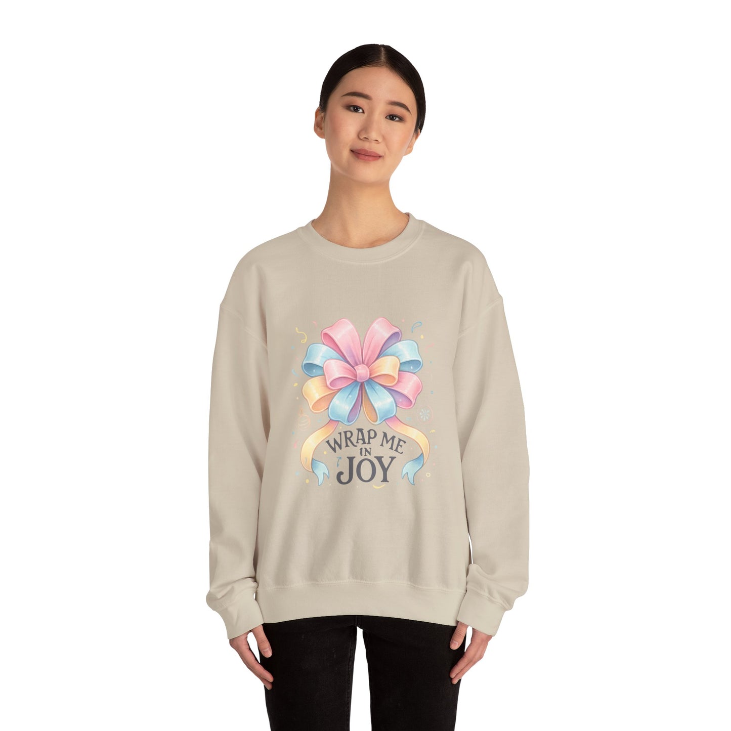 Crewneck Sweatshirt — "Wrap Me in Joy" Pastel Gift Bow Holiday Pullover