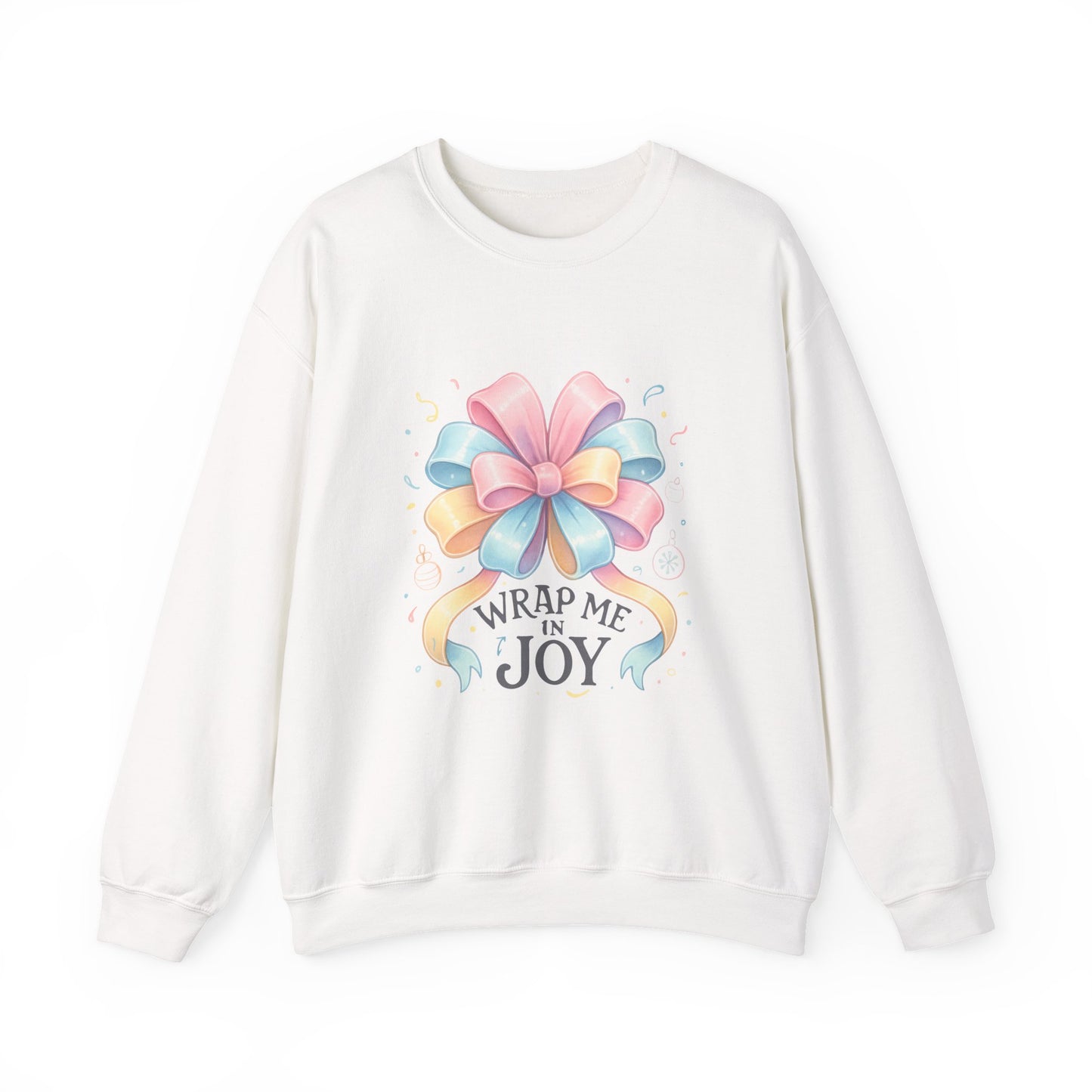 Crewneck Sweatshirt — "Wrap Me in Joy" Pastel Gift Bow Holiday Pullover