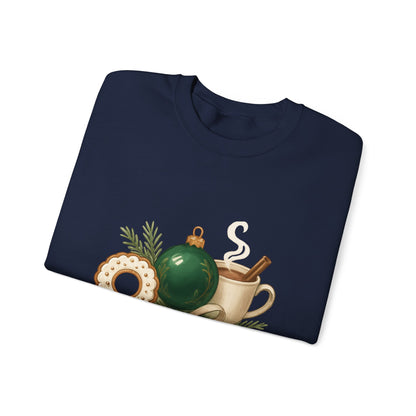 Cozy Holiday Crewneck Sweatshirt — "Warm & Cozy" Christmas Ornament & Cocoa Design