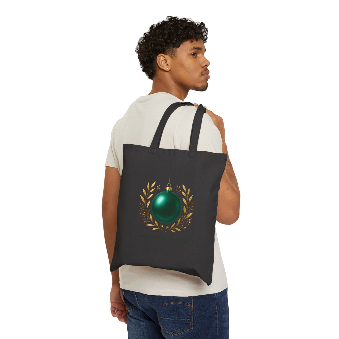 Holiday Glam Tote Bag — Green Ornament Cotton Canvas Shopping Tote