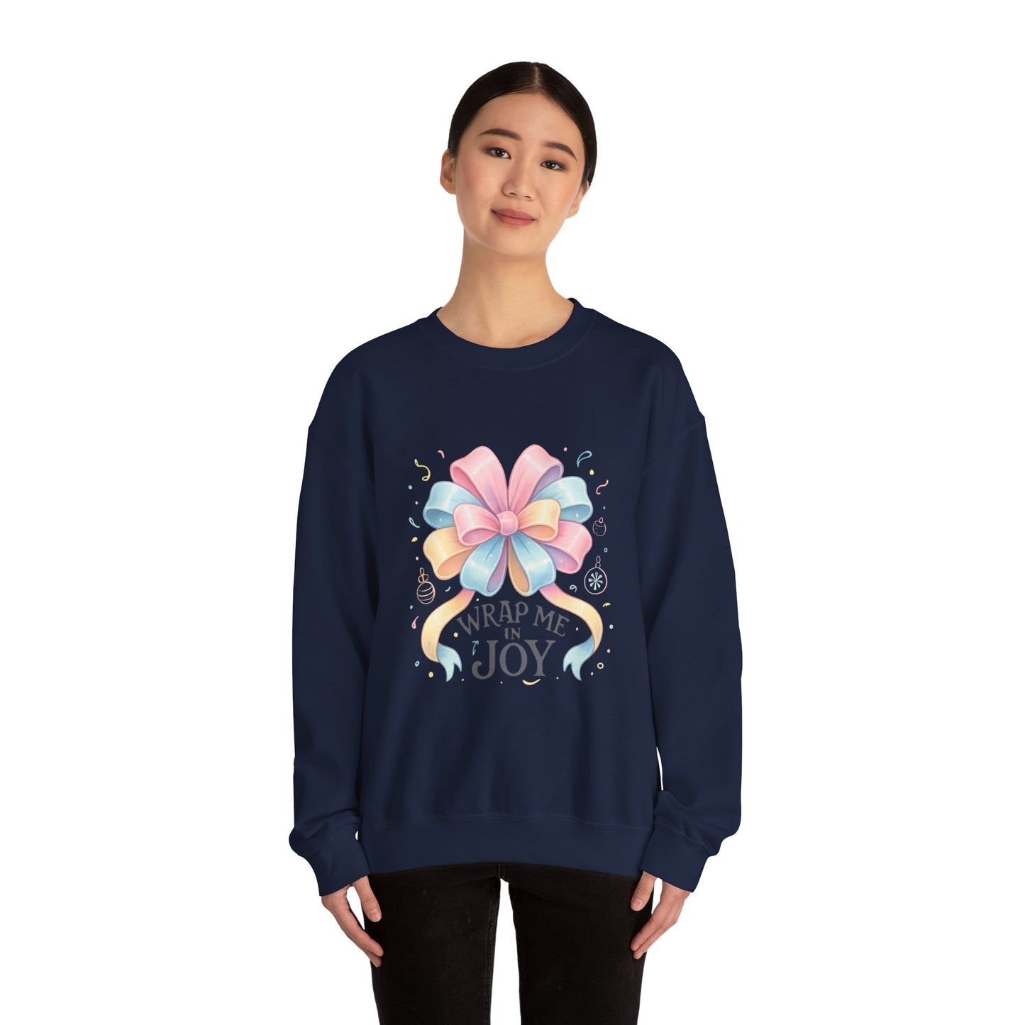 Crewneck Sweatshirt — "Wrap Me in Joy" Pastel Gift Bow Holiday Pullover