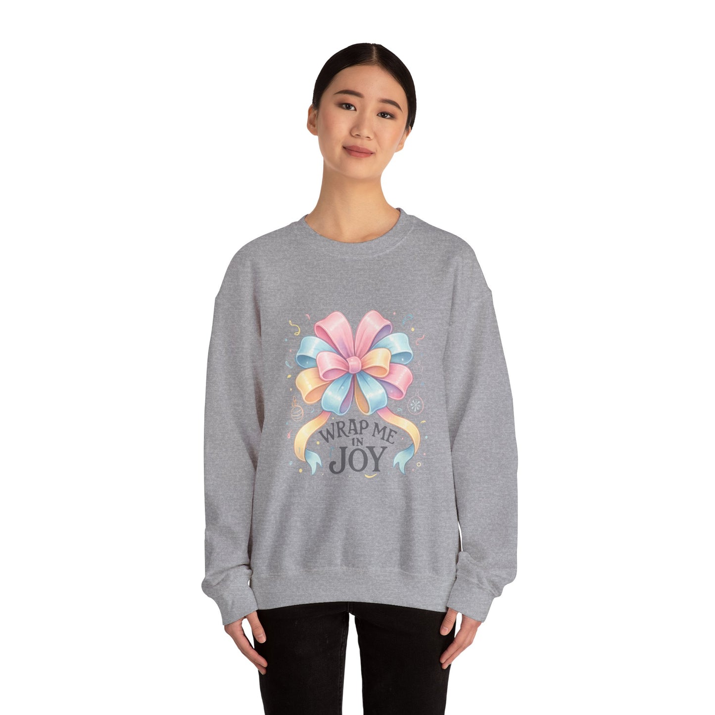 Crewneck Sweatshirt — "Wrap Me in Joy" Pastel Gift Bow Holiday Pullover
