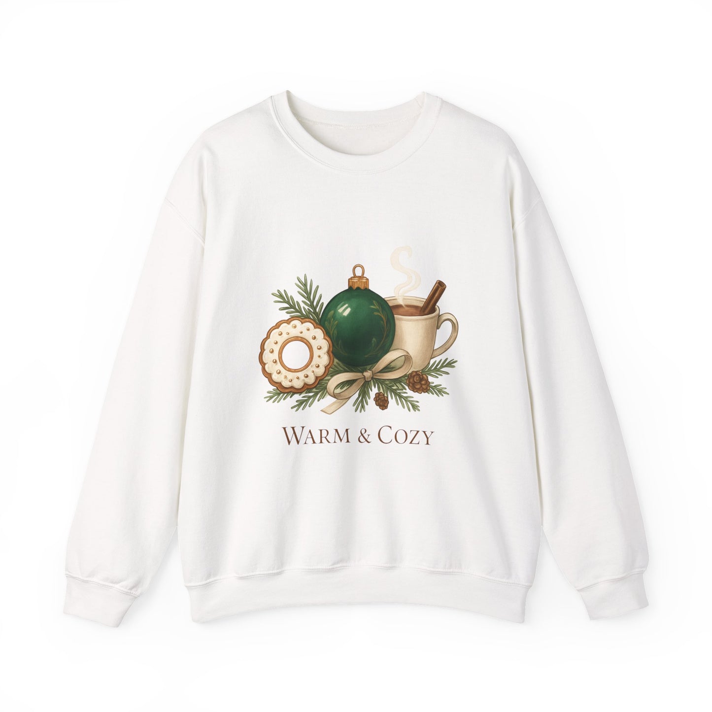 Cozy Holiday Crewneck Sweatshirt — "Warm & Cozy" Christmas Ornament & Cocoa Design