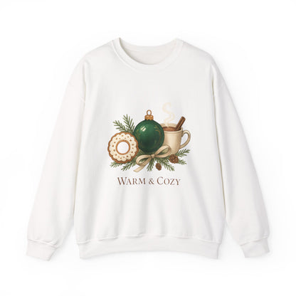 Cozy Holiday Crewneck Sweatshirt — "Warm & Cozy" Christmas Ornament & Cocoa Design
