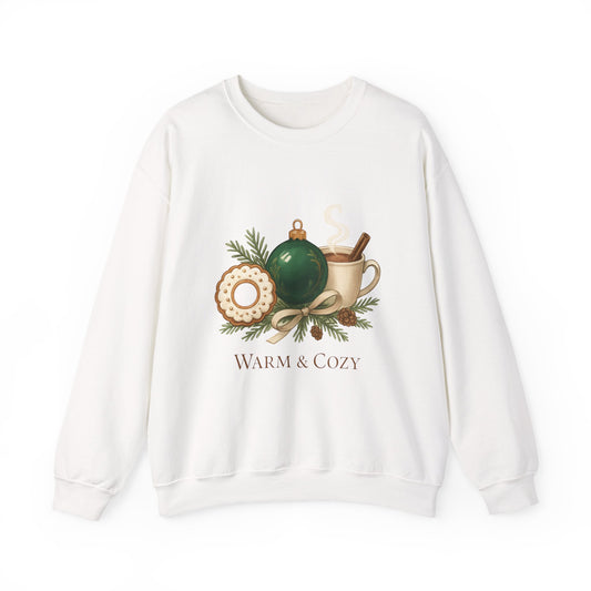 Cozy Holiday Crewneck Sweatshirt — "Warm & Cozy" Christmas Ornament & Cocoa Design