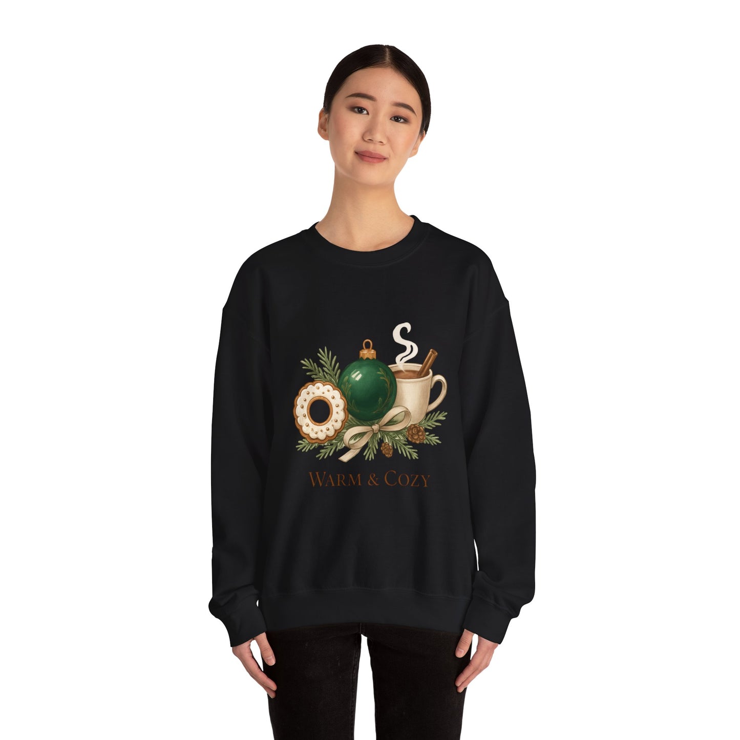 Cozy Holiday Crewneck Sweatshirt — "Warm & Cozy" Christmas Ornament & Cocoa Design