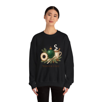 Cozy Holiday Crewneck Sweatshirt — "Warm & Cozy" Christmas Ornament & Cocoa Design