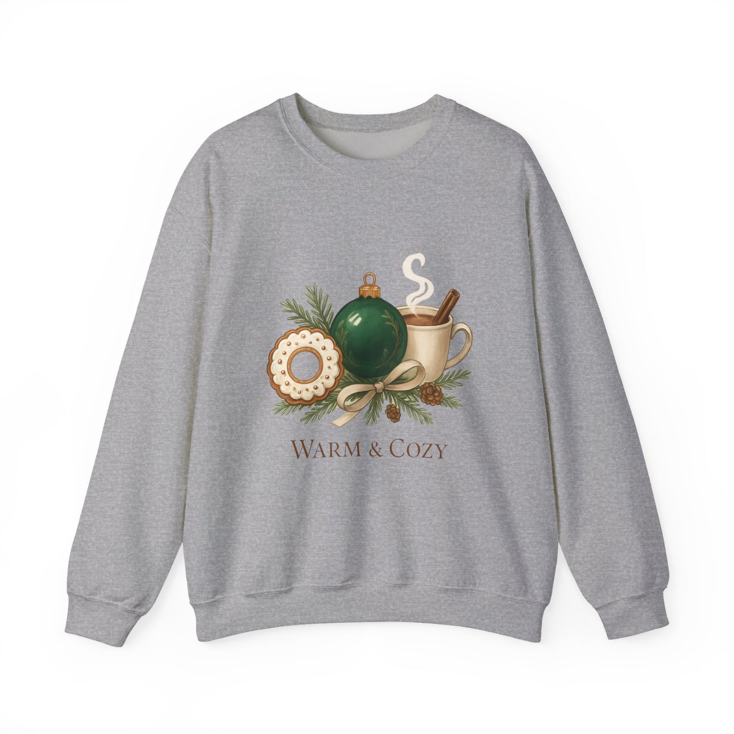 Cozy Holiday Crewneck Sweatshirt — "Warm & Cozy" Christmas Ornament & Cocoa Design