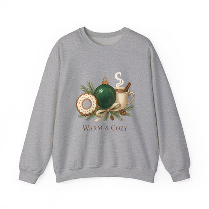 Cozy Holiday Crewneck Sweatshirt — "Warm & Cozy" Christmas Ornament & Cocoa Design