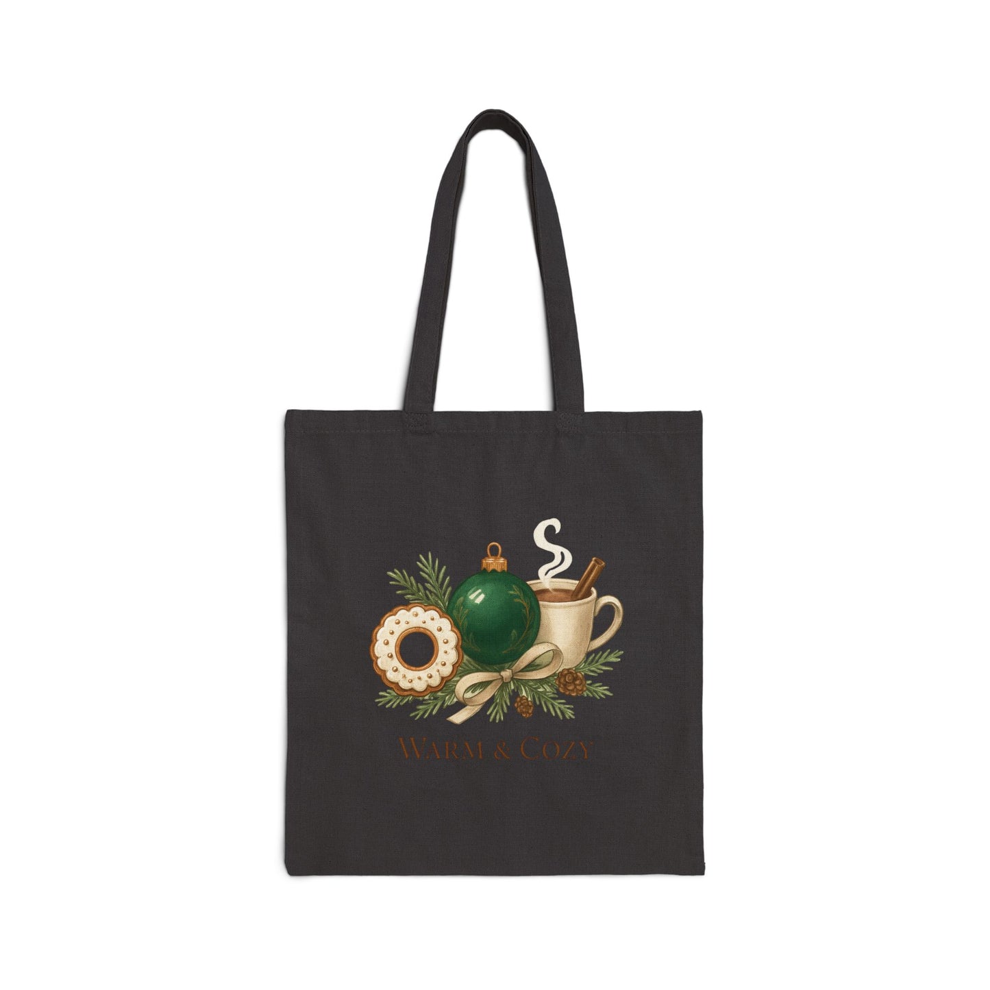 Tote Bag — "Warm & Cozy" Holiday Ornament & Cocoa Canvas Tote