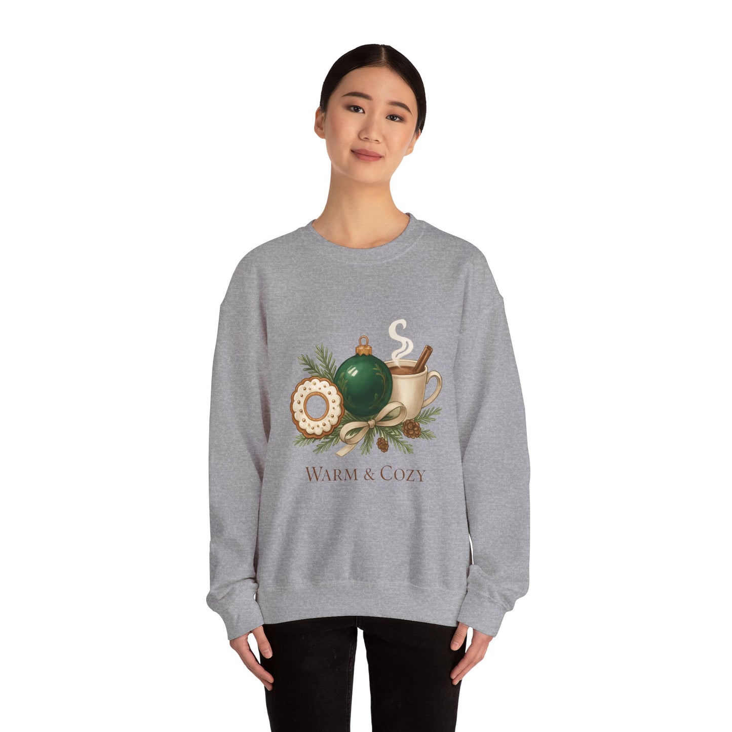 Cozy Holiday Crewneck Sweatshirt — "Warm & Cozy" Christmas Ornament & Cocoa Design