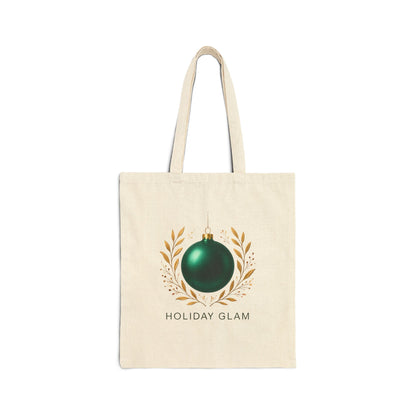 Holiday Glam Tote Bag — Green Ornament Cotton Canvas Shopping Tote