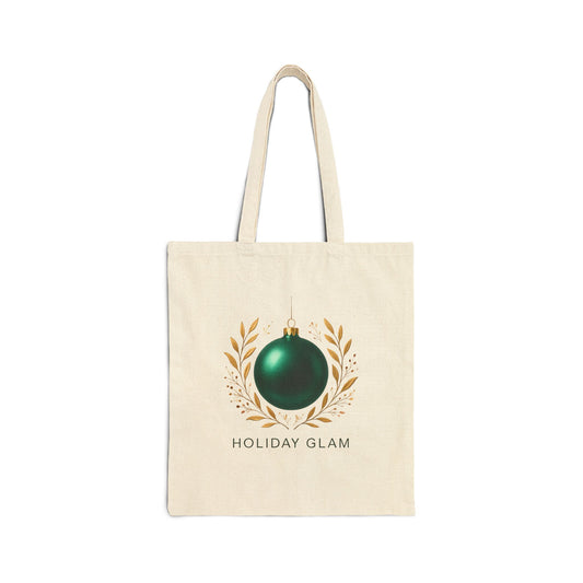 Holiday Glam Tote Bag — Green Ornament Cotton Canvas Shopping Tote