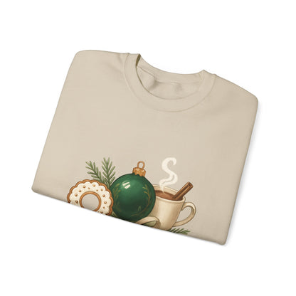 Cozy Holiday Crewneck Sweatshirt — "Warm & Cozy" Christmas Ornament & Cocoa Design